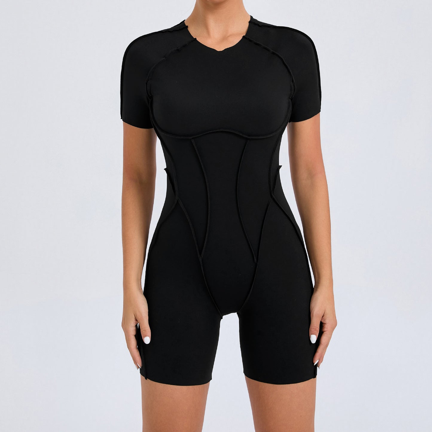 Seamlessly Designed Exposed Stitching Sports Bodysuit Short Sleeve Hollow Back Yoga Outfit for Women for Fitness and Fashion