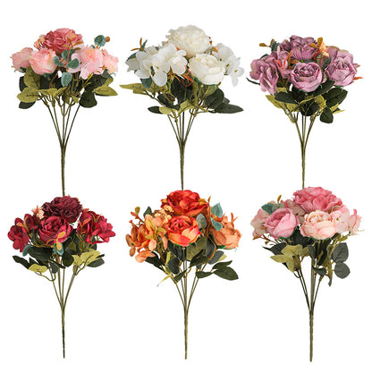 Realistic European Style Mini Bouquet of Artificial Roses - Elegant 6-Head Hydrangea and Hibiscus Floral Arrangement for Home Décor, Living Room Styling, and Gift Giving