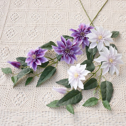 Single Stem Triple-Headed French Clematis - Realistic Faux Flower for Home, Hotel, and Event Decorations, Perfect for Weddings and Stylish Displays