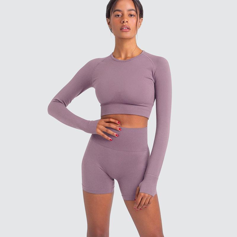 Seamless Knit Solid Color Long Sleeve Crop Top and Capri Leggings Set Women s Athleisure Outfit for Running Gym Workouts and Yoga