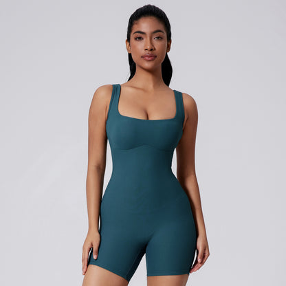 Slim Fit Quick Dry Yoga Bodysuit with Back Design Women's Sculpting Activewear Figure Flattering High Waisted Ribbed Shorts for Comfort and Performance