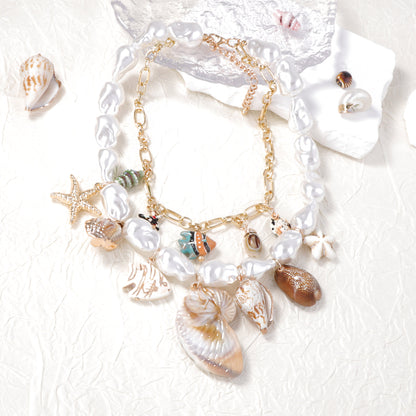 Stylish Personalized Baroque-Inspired Ceramic Pearl Alloy Shell Pendant Necklace - Double Layered Design for Women