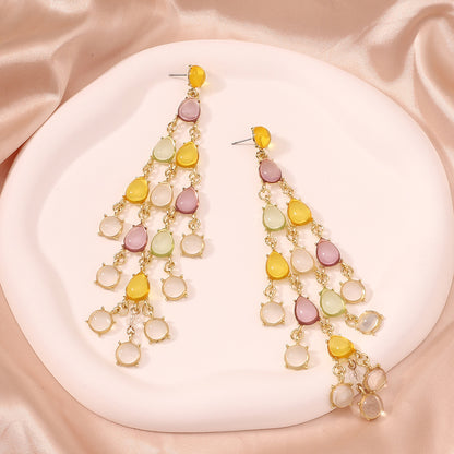 Exaggerated Long Water Drop Shape Glass Pendant Statement Earrings with Trendy Chain and Unique Tassels - Perfect for Fashion-Forward Individuals