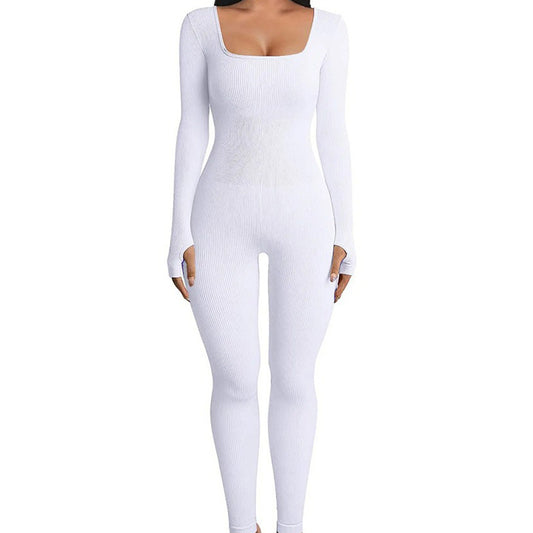 Women's Long Yoga Jumpsuit Short Sleeve Bodysuit with Square Neck for Fit Sculpting Effect