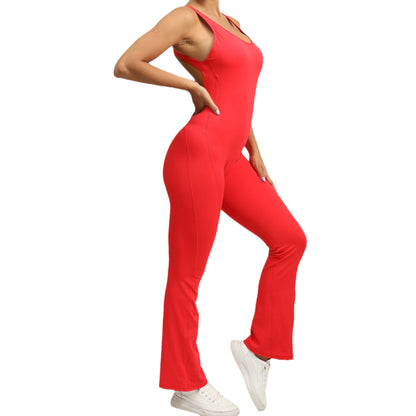 High Performance All in One Bodysuit with Beautiful Back Design Ultra Stretchy Fitness Jumpsuit with Flared Pants for Yoga and Active Wear