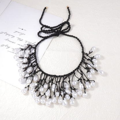 Handcrafted Baroque Style Knotted Necklace with Irregular Faux Pearl Pendant - Unique Statement Piece for Elegant Necklines