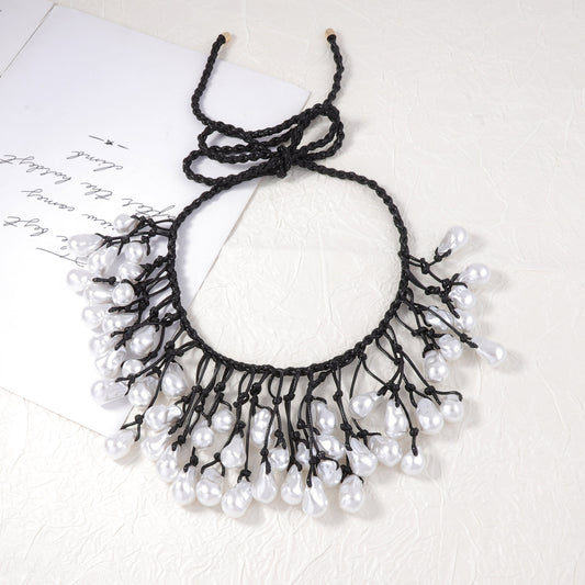 Handcrafted Baroque Style Knotted Necklace with Irregular Faux Pearl Pendant - Unique Statement Piece for Elegant Necklines