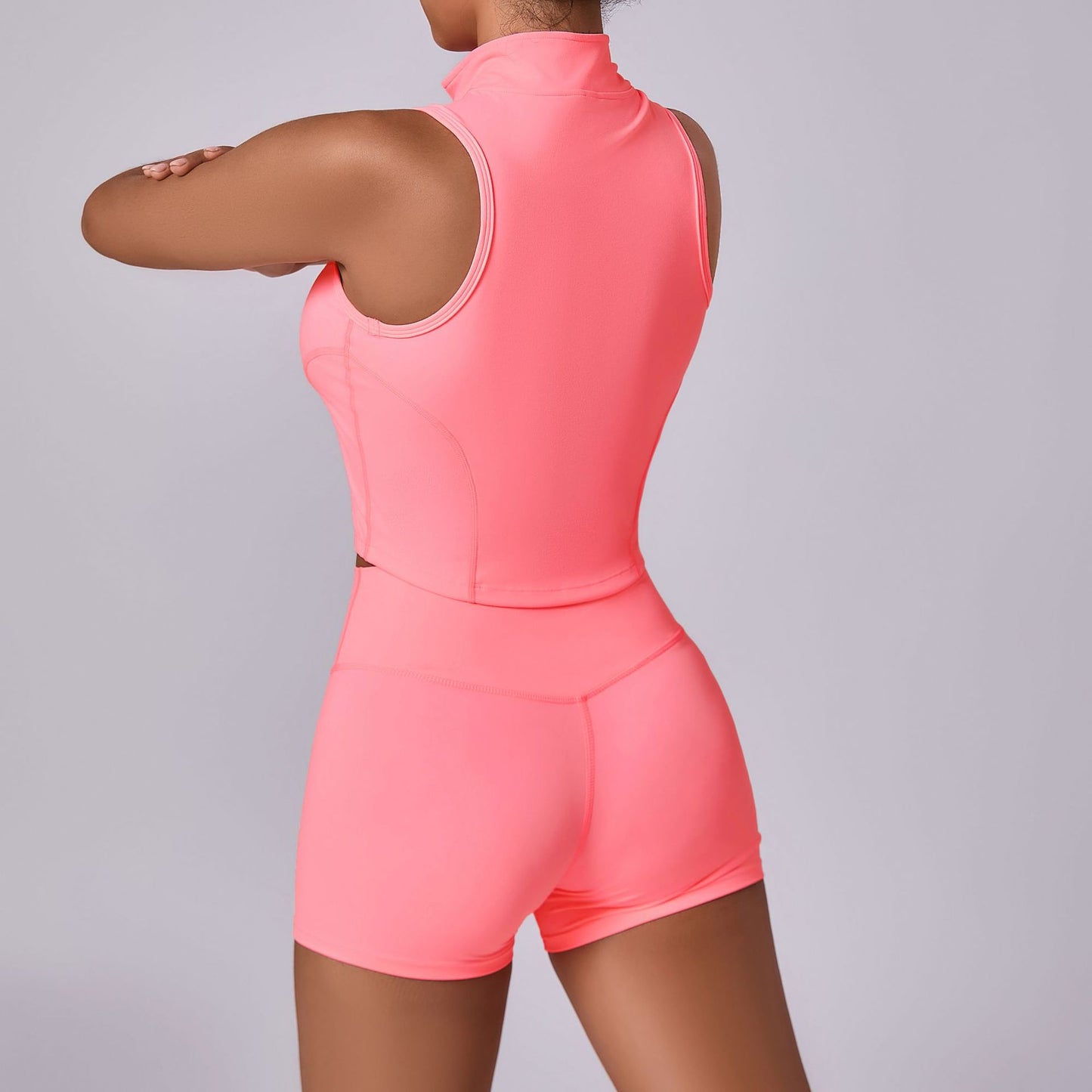 High Waisted Stretchy Sleeveless Yoga Fitness Set with Zip Front Soft Brushed Back for Comfort and Performance