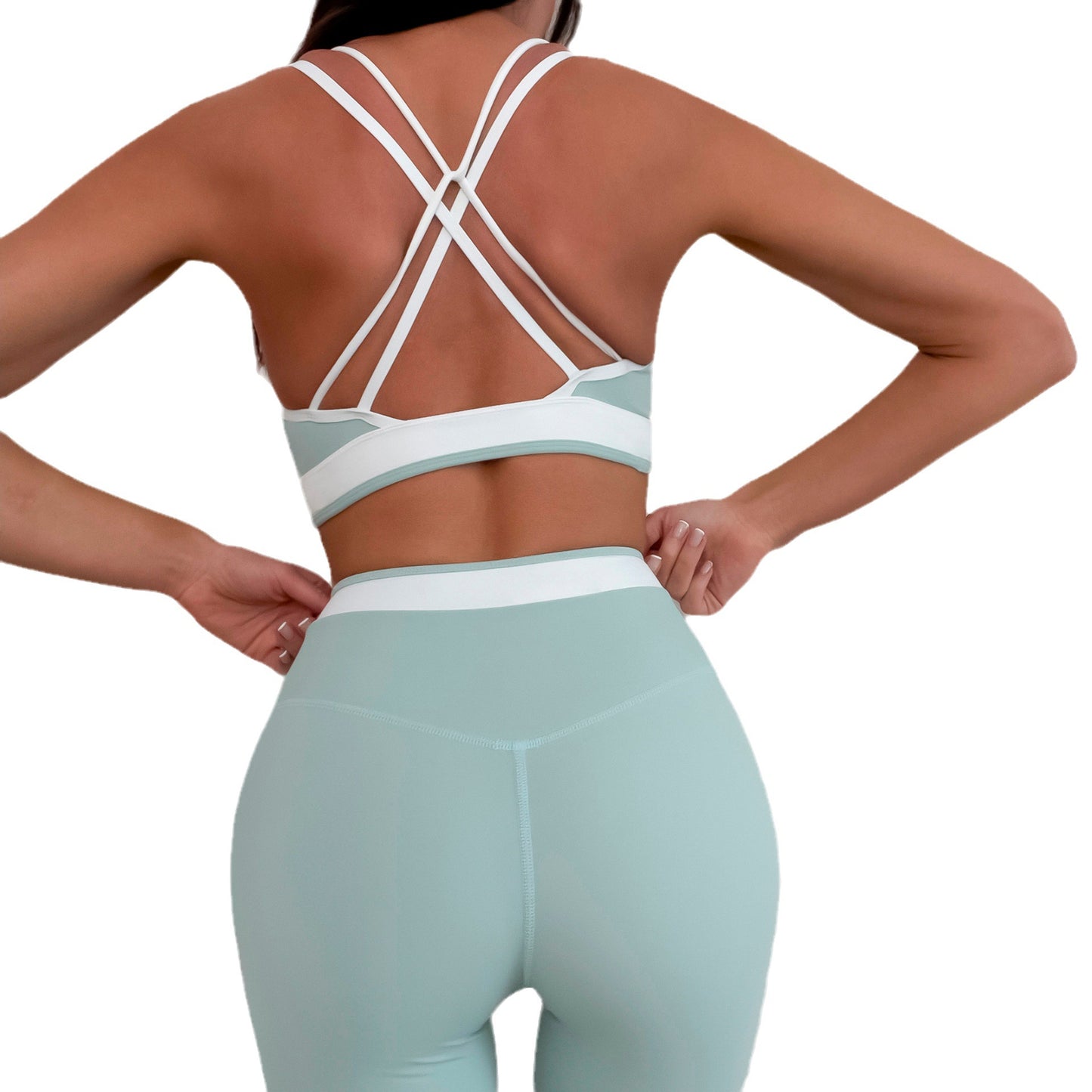 Color Block Cross Back Sports Bra and High Waisted Leggings Set Sleeveless Fleece Gym Outfit for Running and Yoga