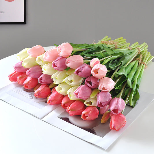 Luxury Realistic High-Stem Artificial Tulip Bouquet –  Synthetic Touch Faux Flowers for Elegant Home Decor and Lush Greenery Accents