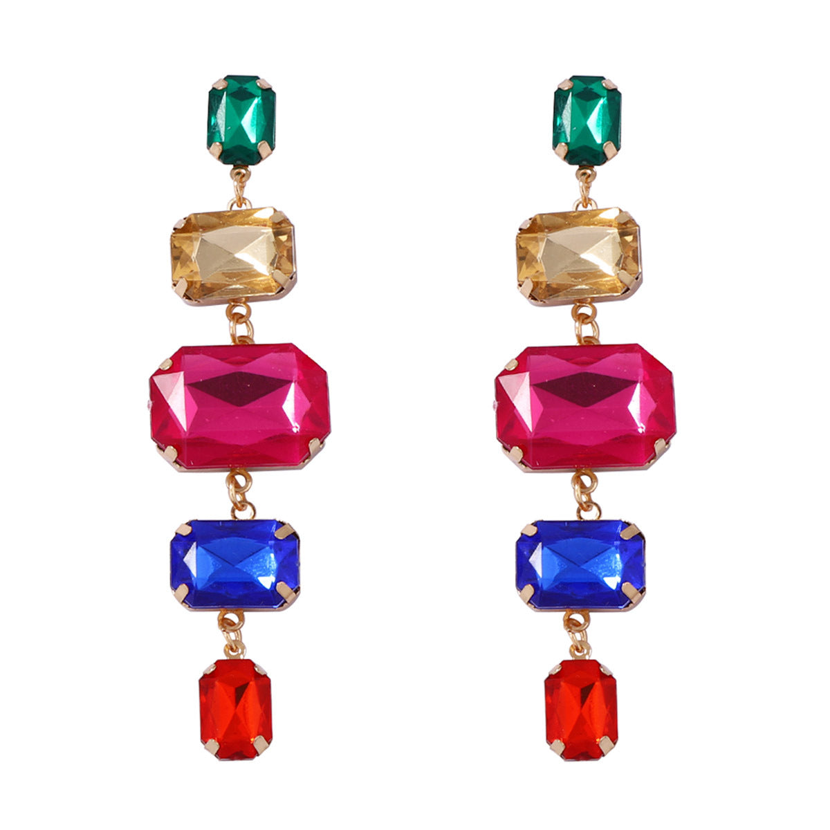 Exquisite and Bold Colorful Geometric Tassel Long Drop Earrings with Sparkling Rhinestones - Elegant Fashion Statement for Women