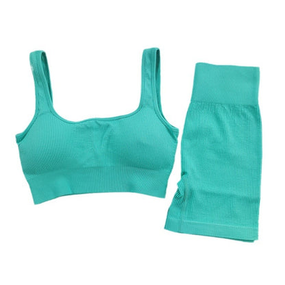 Seamless Ribbed Women's Yoga Outfit 2 Piece High Waist Sports Set with Tank Top Fitted Shorts for Outdoor Fitness and Gym Workouts