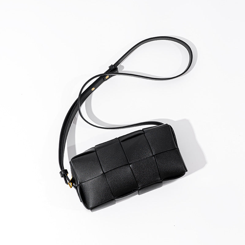 Korean Style Genuine Leather Checkered Woven Mini Shoulder Bag Chic and Versatile Crossbody Clutch for Everyday Elegance