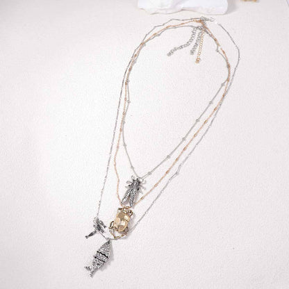 Unique Animal-Inspired Insect Alloy Beetle Cicada Fish Pendant Necklace – Multi-Layered Design Perfect for Any Occasion