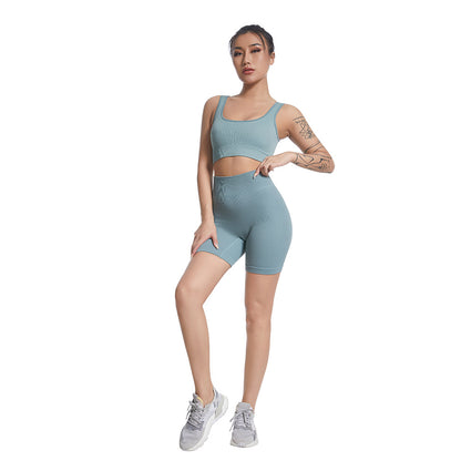 Seamless V Neck Ribbed Yoga Outfit Set for Women Striped Sports Bra and High Waisted Compression Shorts for Comfort and Flexibility