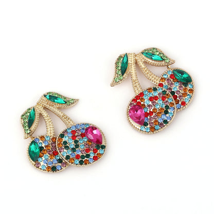 Trendy Fresh Fruit Cherry Alloy Earrings with Sparkling Rhinestones - Elegant Versatile Luxury for Every Occasion
