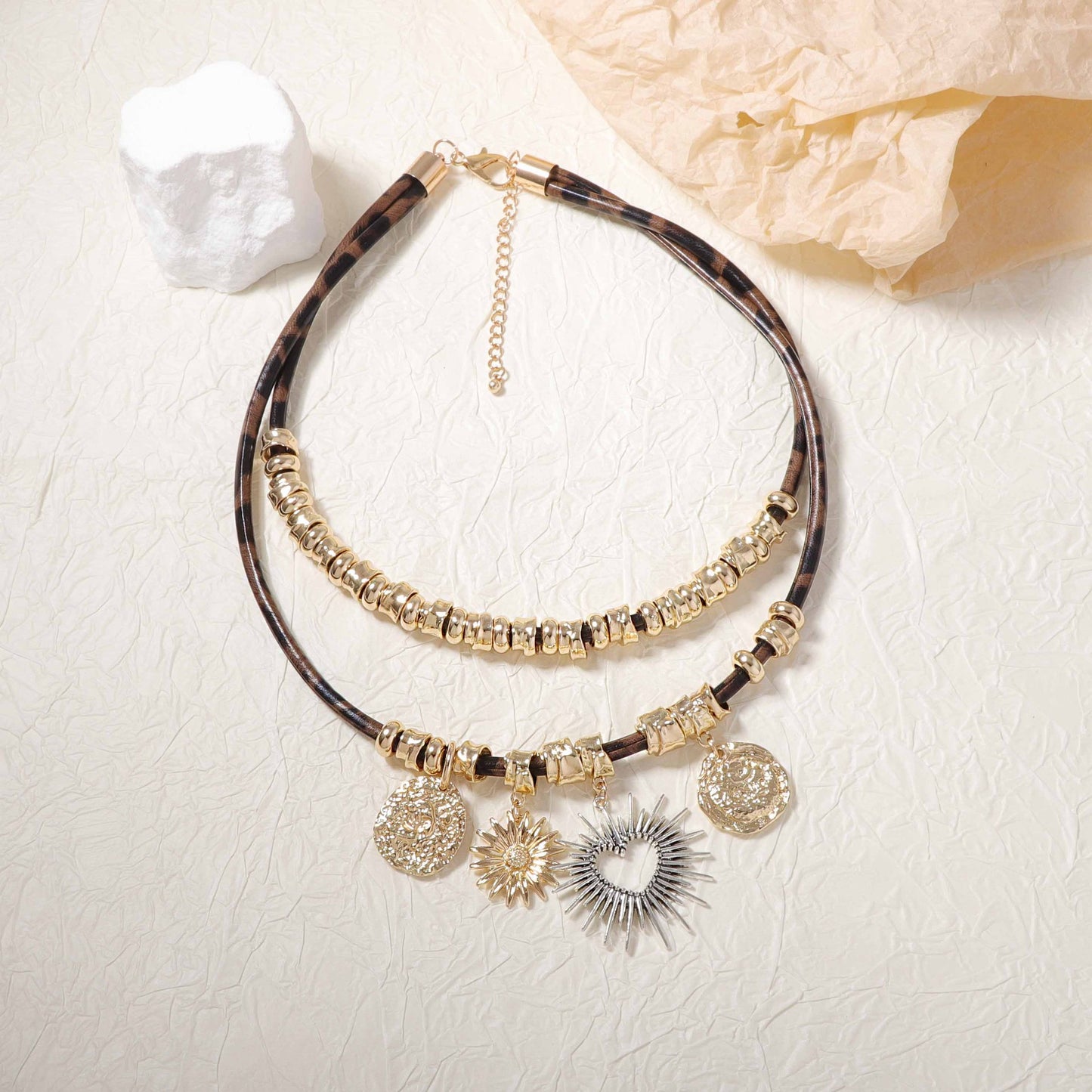 Chic Vintage-Inspired Double-Layer Alloy Pendant Necklace with Heart and Geometric Cut-Outs | Stylish Leather Chain for Women