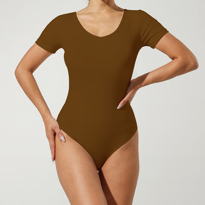 Sleek Short Sleeve Bodysuit with U Neck Design No Padding Waist Defining Elastic Stretch Triangle Shapewear for Effortless Style