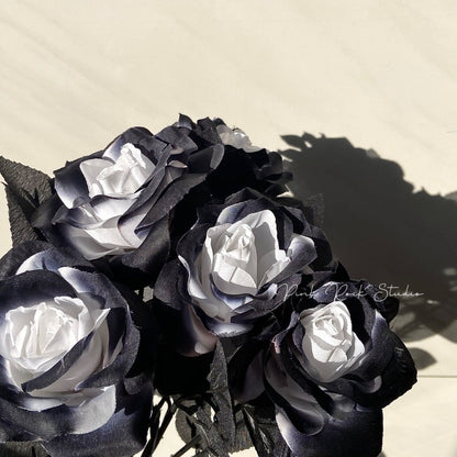 Stunning Faux Black Knight Rose Series – Crystal Ice Blue Ombre Silk Flowers for Halloween Decorations and Photography Props