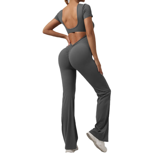 Short Sleeve Casual Jumpsuit with Flared Pants Backless Butt Lifting Fit for Comfort and Yoga Enthusiasts