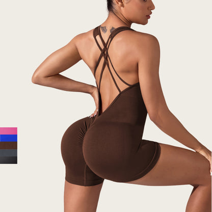 High Elasticity Tummy Control Cross Back Yoga Jumpsuit for Women Lifted Butt and No Visible Panty Lines for Gym and Fitness