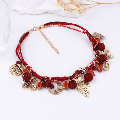 Bohemian Handcrafted Colorful Triple-Strand Red String Necklace with Alloy Charms - Versatile Casual Jewelry for Every Occasion