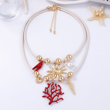 Stylish High-End Alloy Coral Sun Necklace with Imitation Pearls – Double Layered, Wearable with Leather Cord – Perfect Jewelry for Women