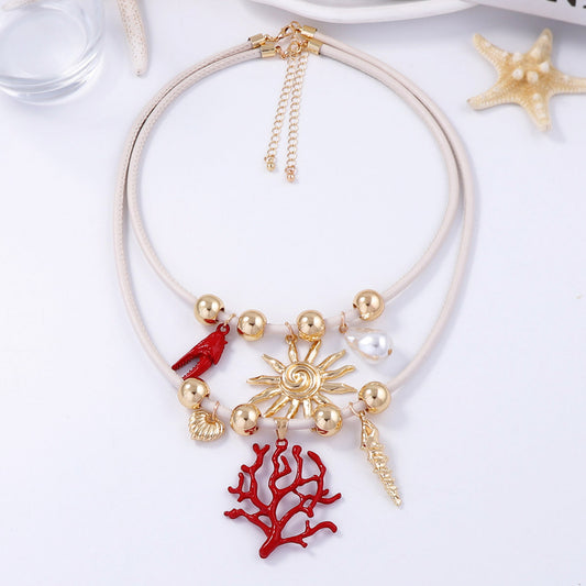 Stylish High-End Alloy Coral Sun Necklace with Imitation Pearls – Double Layered, Wearable with Leather Cord – Perfect Jewelry for Women