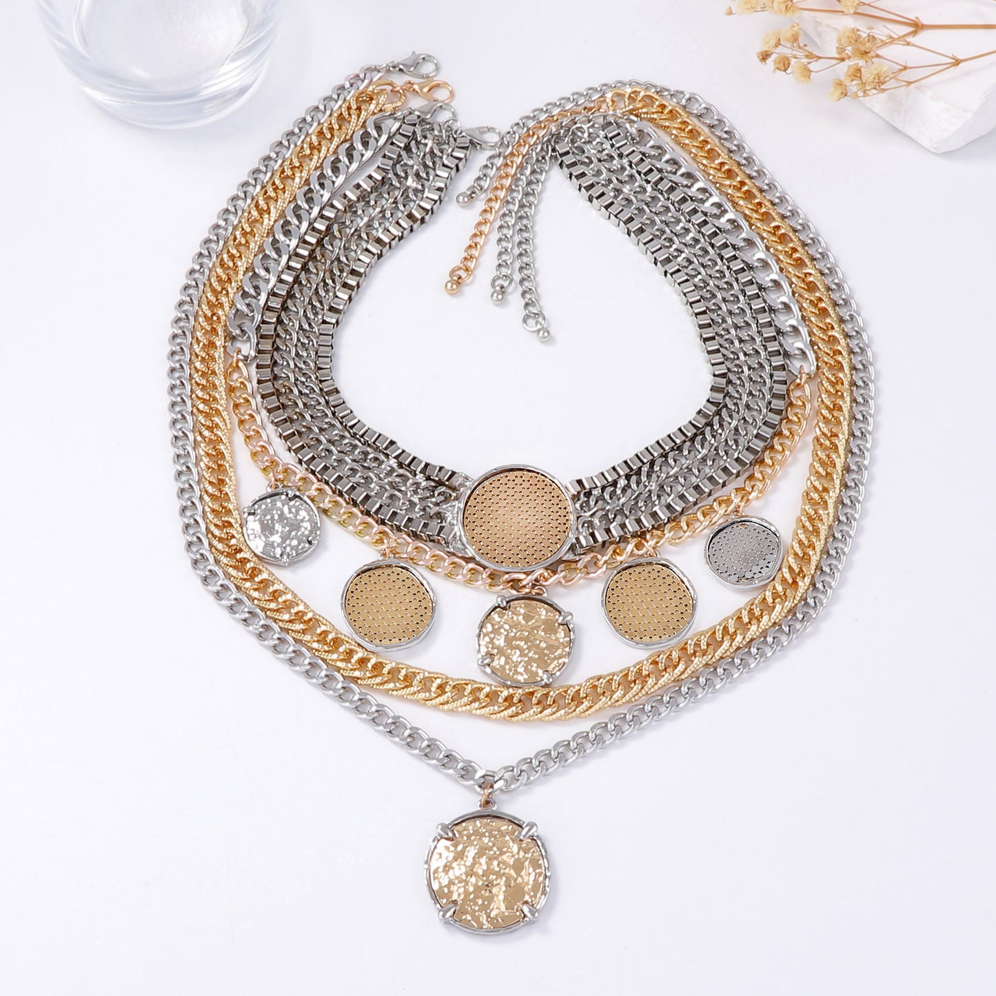 Trendy Geometric Badge Pendant Layered Chain Necklace Set for Women - Hip-Hop Punk Style Jewelry with Unique Personalization