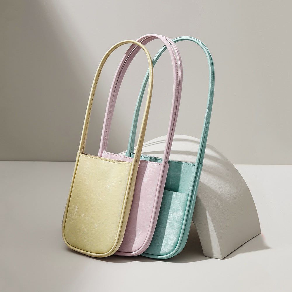 Luxurious Satin and Leather Mini Handbag Vintage Inspired Vertical Shoulder Bag with Elegant Design for Chic Everyday Wear