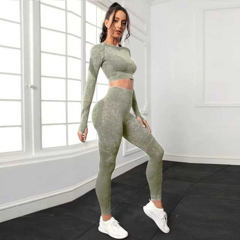 Seamless Water Washable Hollow Out Textured Two Piece Yoga Set for Women Long Sleeve Top with High Waisted Butt Lifting Leggings for Comfort and Style