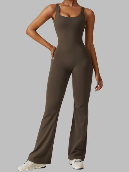 Solid Color High Waisted Yoga Jumpsuit with Flared Legs for Dance Fitness and Everyday Wear