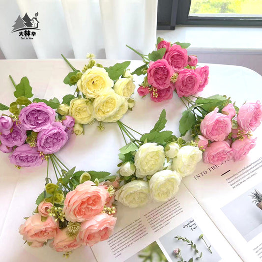 Stunning Realistic 5-Head Rose Bouquet - Korean Style Faux Flowers, Perfect for Home Decor and Wedding Centerpieces with Peonies & Decorative Touch