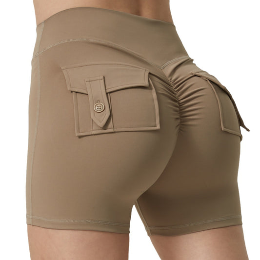 High Waisted Pocketed Yoga Shorts for Women Flattering Boosted Peach Butt No Show Thong Line for Gym and Outdoor Activities