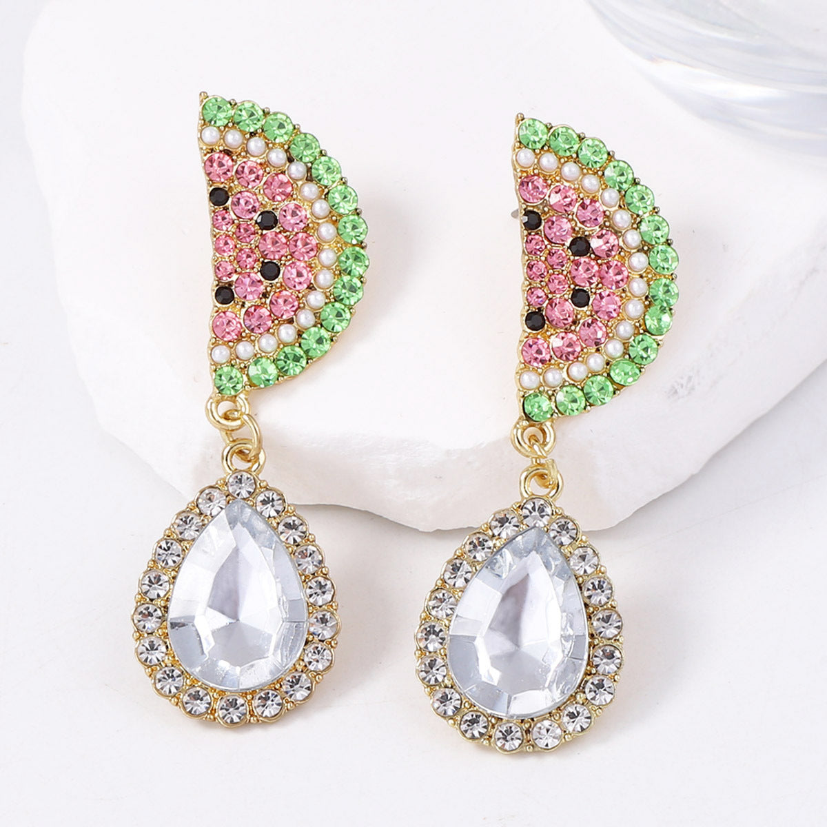 Stylish Minimalist Fruit-Inspired Alloy and Rhinestone Watermelon Slice Drop Earrings - Elegant, Versatile, and Perfect for Any Occasion