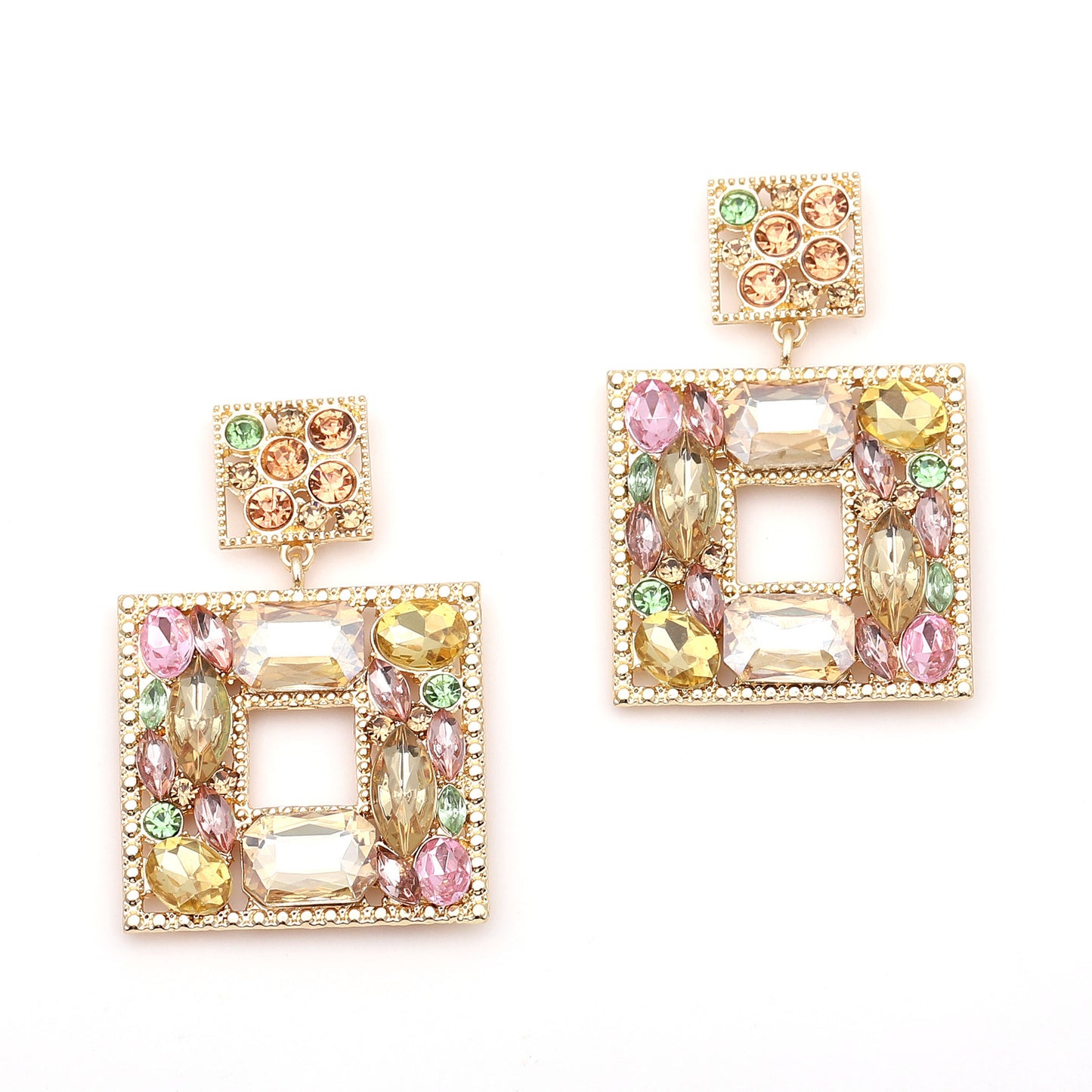 Stunning  Geometric Square Alloy Earrings with Colorful Rhinestones - Luxe, Bold, and Unique Design for a Striking Look