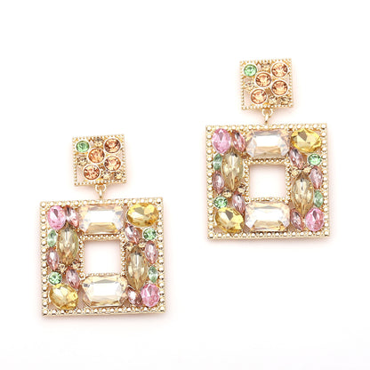 Stunning  Geometric Square Alloy Earrings with Colorful Rhinestones - Luxe, Bold, and Unique Design for a Striking Look