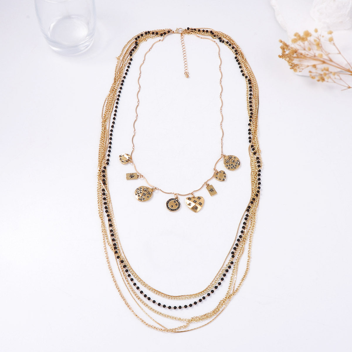 Chic Layered Beaded Chain Necklace with Geometric Pendant – Unique Luxury Design Ideal for Stacking and Everyday Wear