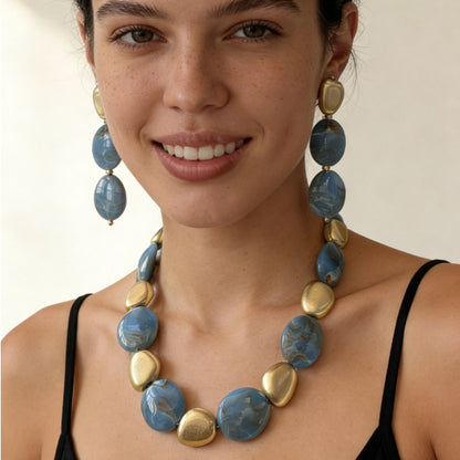 Vintage-Inspired Bohemian Style Statement Necklace and Earrings Set with Bold Geometric Blue Beaded Design - Unique and Eye-Catching Jewelry for Women