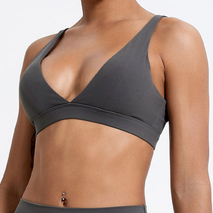 Deep V Sports Bra with Gathered Design and Double Shoulder Straps Ideal for Running and Outdoor Fitness Stretchy Vest for Women