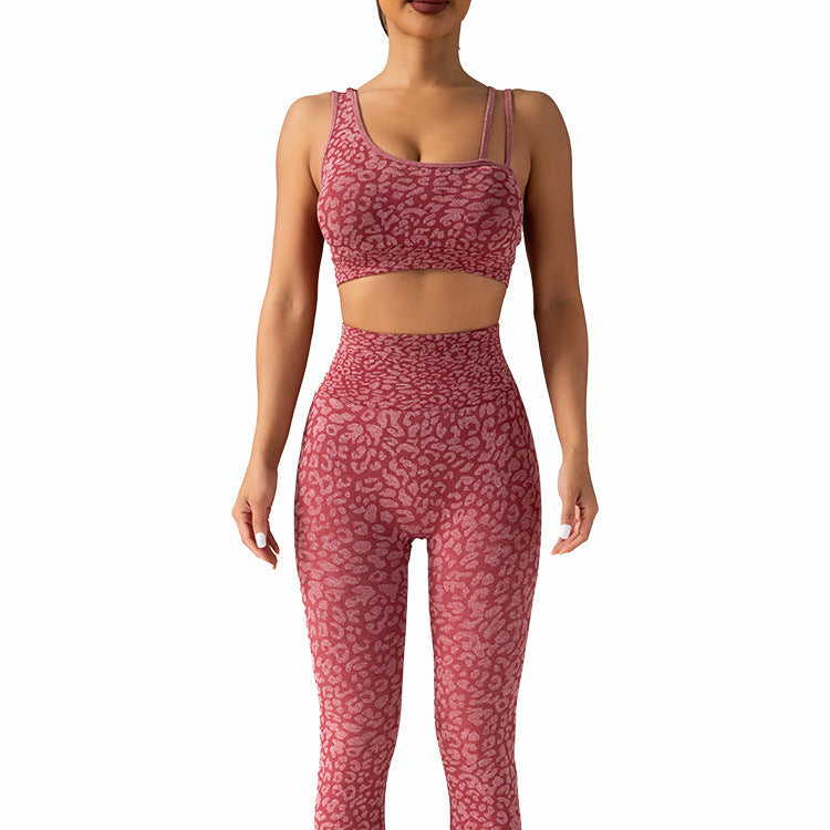 Seamless Knitted Leopard Print Adjustable Straps Bra with Removable Pads High Waisted Yoga Leggings Vest Set for Women Comfort Style for Your Workout