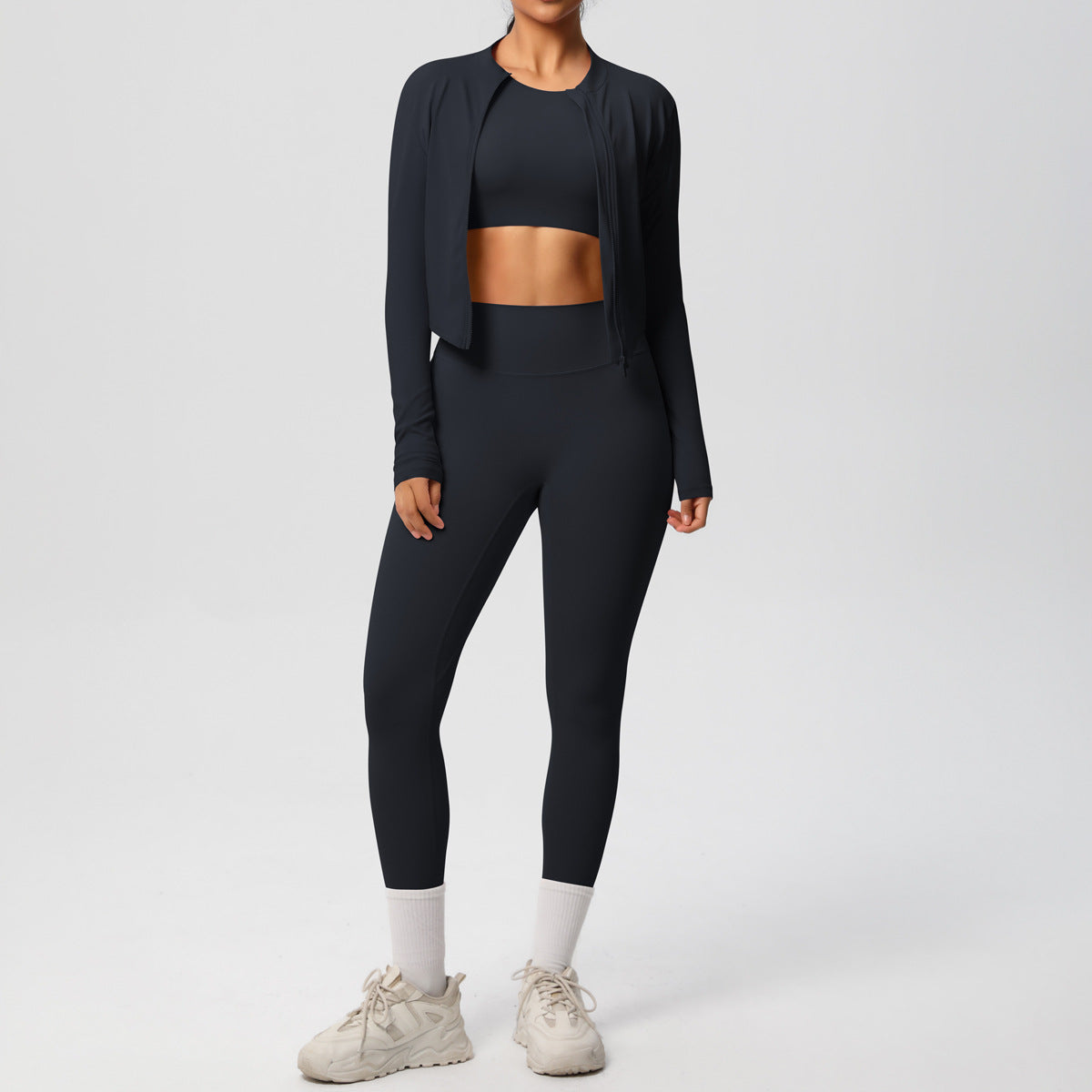 and Breathable Women's 3 Piece Workout Set Fleece Lined Tight Fitting Jacket Pants and Top for Running and Yoga