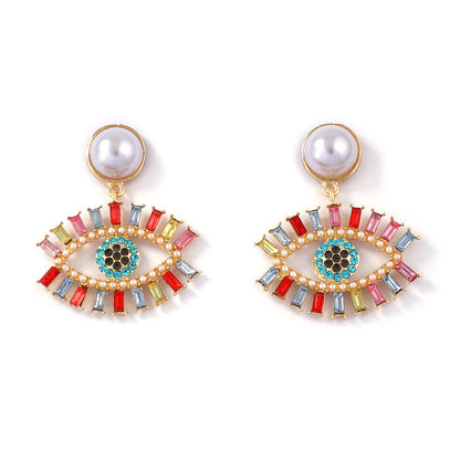 Chic Vintage-Inspired High-End Creative Design Alloy Full Rhinestone Evil Eye Faux Pearl Drop Earrings - Perfect for Every Occasion