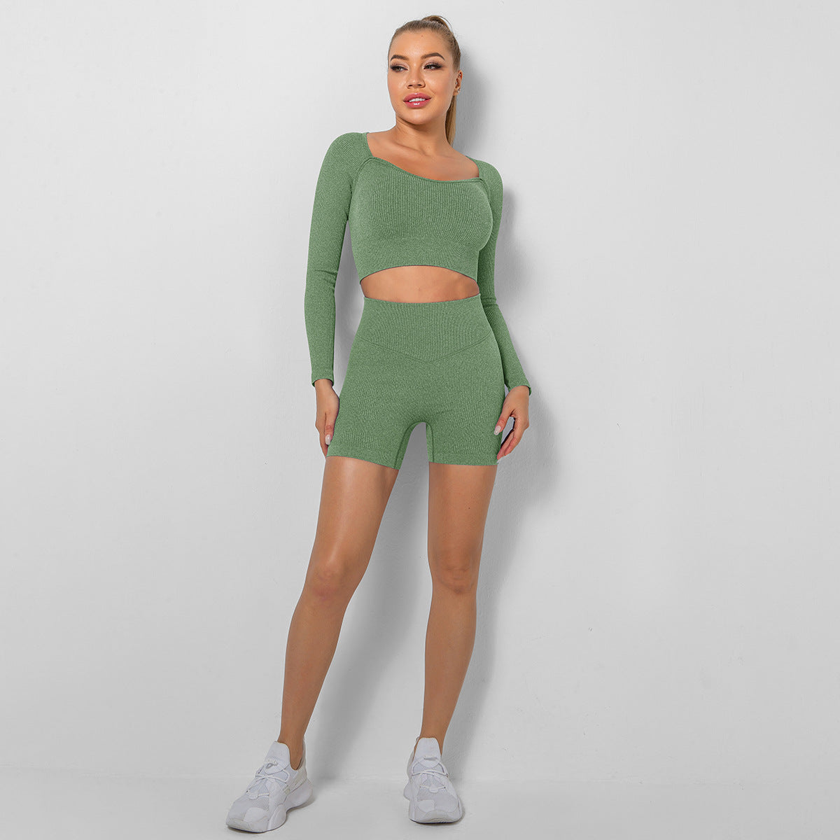 Seamless Ribbed Square Neck Long Sleeve Crop Top and Shorts Yoga Set for Women for Sports Running and Fitness Two Piece Activewear with Comfortable Stretch