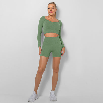 Seamless Ribbed Square Neck Long Sleeve Crop Top and Shorts Yoga Set for Women for Sports Running and Fitness Two Piece Activewear with Comfortable Stretch