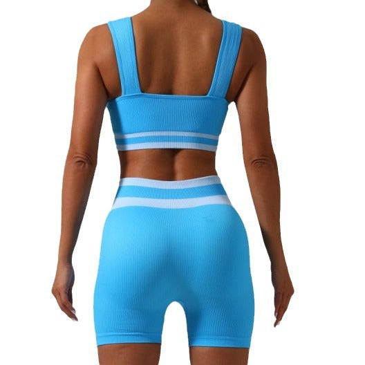 Seamless Outdoor Sports Quick Dry Striped Yoga Outfit with High Waisted Shorts and Tank Top for Women for Running and Fitness Workouts