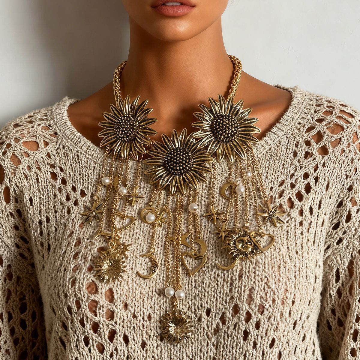 Bohemian-Inspired Vintage Necklace with Unique Flower and Tassel Design, Star and Moon Pendant Chain for a Chic Look