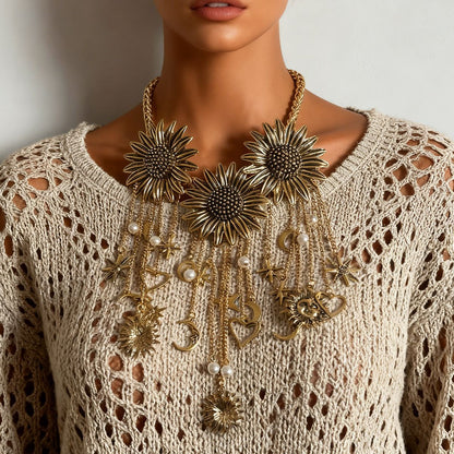 Bohemian-Inspired Vintage Necklace with Unique Flower and Tassel Design, Star and Moon Pendant Chain for a Chic Look