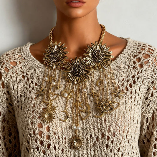 Bohemian-Inspired Vintage Necklace with Unique Flower and Tassel Design, Star and Moon Pendant Chain for a Chic Look