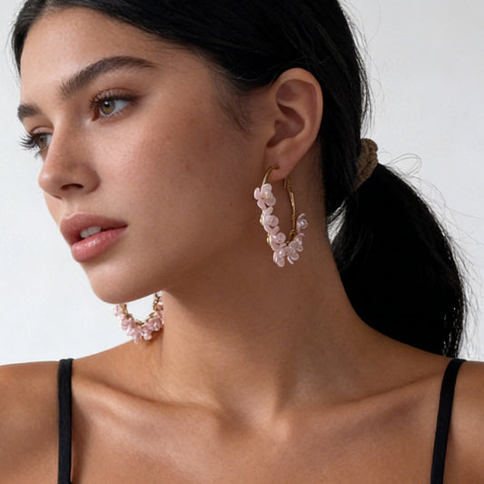 Chic Minimalist Fresh Sweet Beaded Flower Tassel Geometric Statement Earrings – Perfect Everyday Accessories for Vacation and Versatile Styling